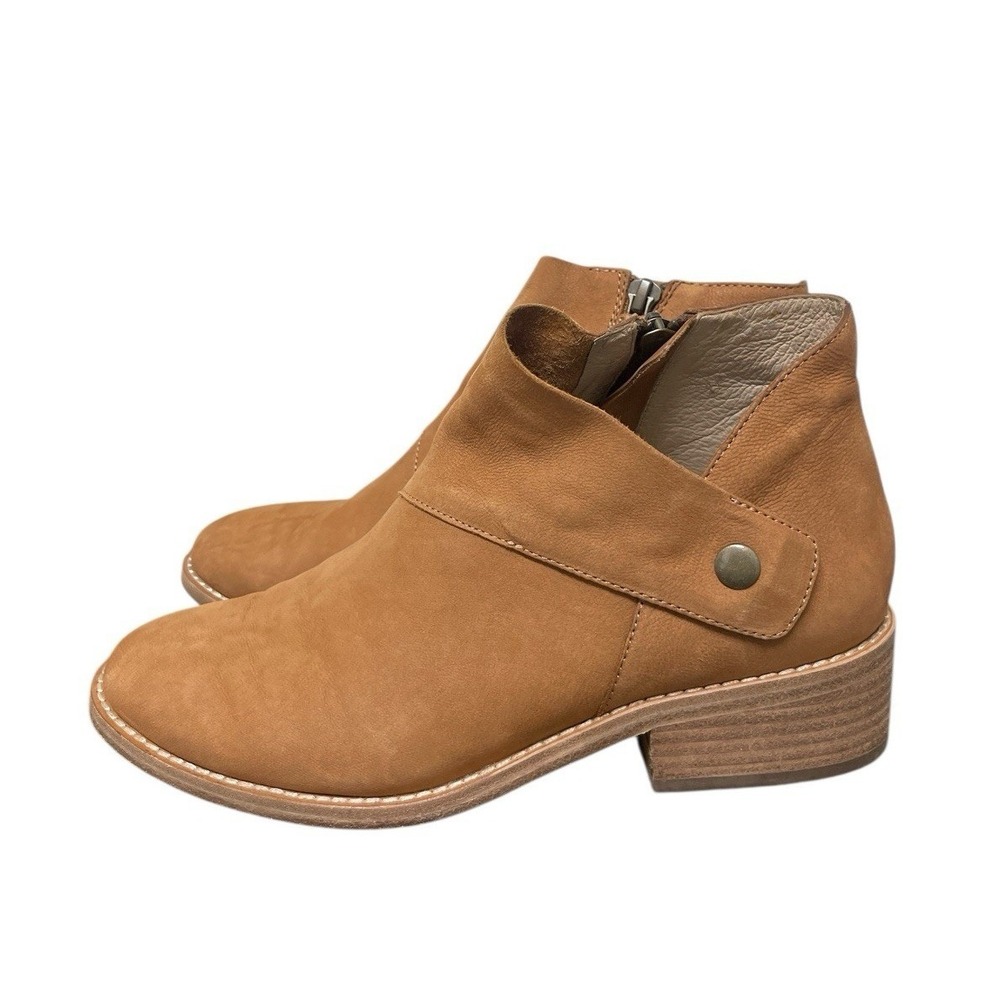 Eileen Fisher Ankle Boots Women 7.5 Tan Leather Asymmetrical Wrap Block Heel Zip